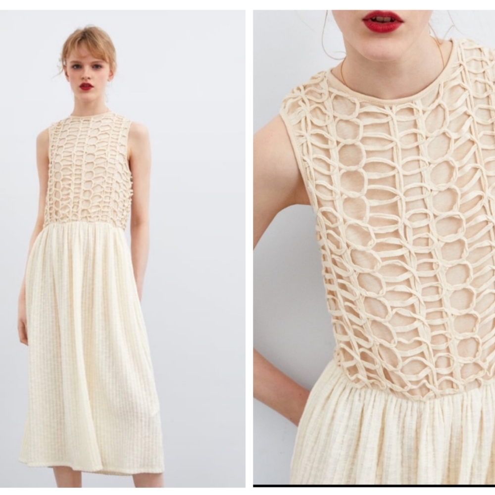 Zara Cream Ecru Rope Sleeveless Midi Dress sz Small